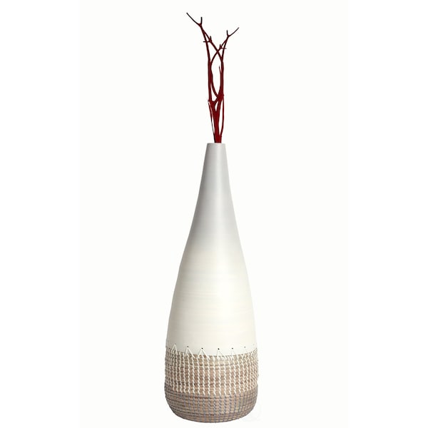 Uniquewise 27.5" Spun Bamboo and Coiled Seagrass Patterned Vase, White, Medium QI003357W.M - main